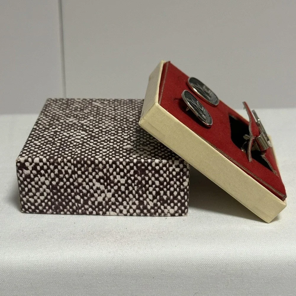VTG Cufflinks Tie Bar‎ Set Gold Tone Steam Shovel Paper Gift Box Tweed Print